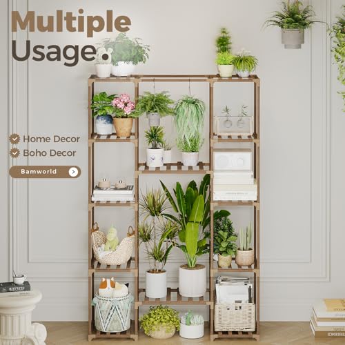 Bamworld 62.2'' Tall Plant Stand Indoor Large Plant Shelf for Multiple Plants Wood Flower Stand Outdoor Hanging Plant Rack for Living Room Garden Balcony Home Decor - color: Brown-12 Pots, style: Cabinet