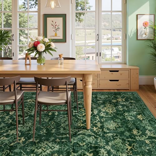 Deerly Dark Green Area Rugs 9x12 for Living Room Soft Non-Slip, Large Bedroom Rug Vintage Dining Room Rug Tribal Farmhouse Carpet for Dining Room Office Green - color: Dark Green, size: 9'x12'