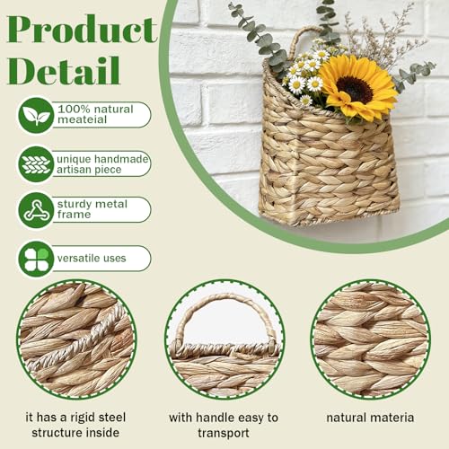 Woven Hanging Wall Basket,Natural Handmade Water Hyacinth Flat Back Basket for Farmhouse Home, Door, Entryway, Mail, Flower, Plant Decor
