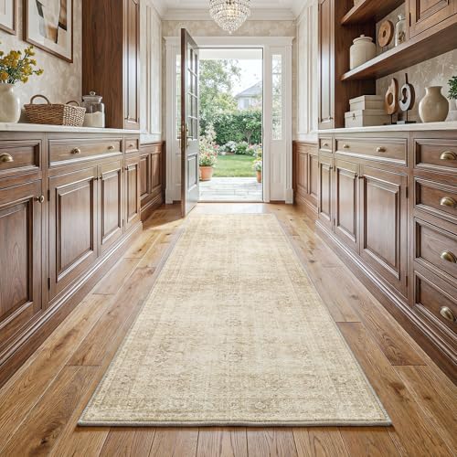 Fmfunctex 2x8 Runner Rug Beige Washable Neutral Vintage Distressed Oriental Traditional Non Slip Low Pile Indoor Carpet Retro Hallway Entryway Rug for Kitchen Living Room Bedroom Laundry Entry Bedside - color: Beige, size: 2' x 8' (Rectangular)