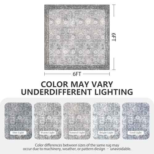 6x6 Square Area Rug, Soft Non Slip Low Pile Washable Rug, Boho Modern Area Rug for Bedroom, Laundry Room, Distressed Grey - color: Distressed Grey, size: 6x6 (Square)