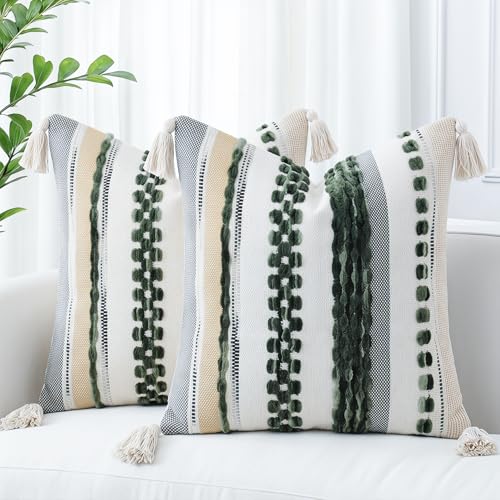PANOD Chenille Farmhouse Throw Pillow Covers 16 x 16 Dark Green, Neutral Boucle Couch Pillow Cover, Striped Decorative Boho Coushion Cover Pillow Case for Couch Bed Sofa Bedroom,Modern Accent,Set of 2 - color: Dark Green Tone, size: 16" x 16" (Pack of 2)