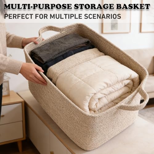 96L Large Blanket Basket,24"x16"x15"Rectangle Storage Bin with Handles,Woven Rope Laundry Basket for Toys, Clothes,Magazines,Home Organization,Nursery,Living Room & Bedroom,Brown - color: Brown, size: 24"x16"x15"(96L)