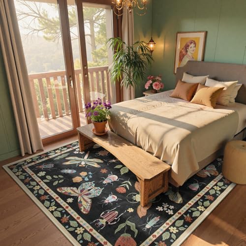 Beeiva Insect Print Rug 6x9, Machine Washable Area Rugs for Living Room, Boho Non Slip Low Pile Ultra Thin Foldable Aesthetic Large Carpet for Bedroom Playroom Dining Room Decor(Black,6x9ft) - color: Black, size: 6' x 9' (Rectangular)