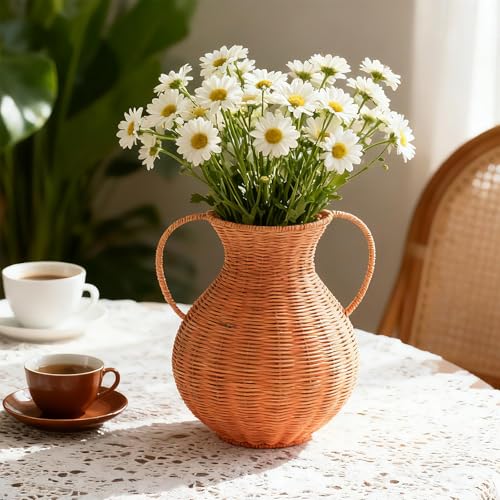 1 Pack Real Rattan Vase Woven Vase for Flower Decorative Wick AER Flower Plant Weave Basket Dark Brown Country Rustic Pastoral Style Tabletop Centerpiece for Home Decor(Classic Cylindrical) - style: Classic Cylindrical