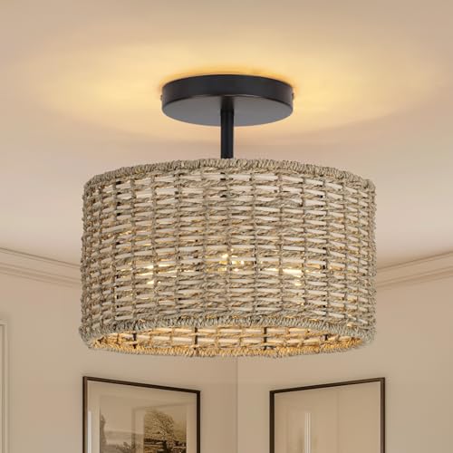Boho Light Fixtures Ceiling Mount,12.6" Rattan Ceiling Light Fxiture,3-Light Semi Flush Mount Light Fixture,Farmhouse Wicker Ceiling Light for Hallway Bedroom Kitchen Nursery Entryway