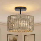 Boho Light Fixtures Ceiling Mount,12.6" Rattan Ceiling Light Fxiture,3-Light Semi Flush Mount Light Fixture,Farmhouse Wicker Ceiling Light for Hallway Bedroom Kitchen Nursery Entryway