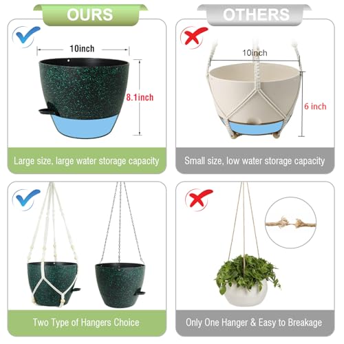 Meowell 10 inch Self Watering Hanging Planters, 2 Pack Hanging Flower Pots for Indoor Outdoor Plants, Hanging Baskets with Drainage Holes & 2 Kinds of Plant Hangers for Home Decor, Speckled Black - color: Black With Green Speckles