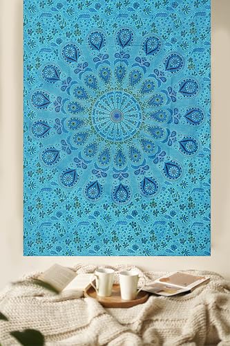 FURNISHFUL FINESSE Handmade Cotton Peacock Mandala Tapestry - Vibrant Turquoise Ombre Boho Wall Decor, Bohemian Hippie Room Hanging for Bedroom & Living Room - 30X40 Inches - color: Turquoise, size: 40"L x 30"W