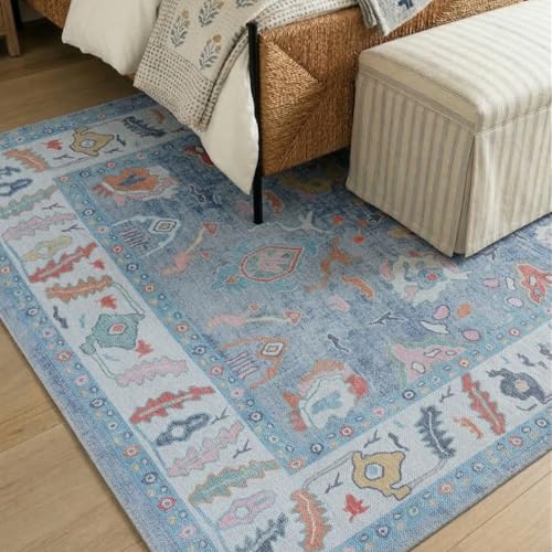 Fame Rugs Blue Modern Oushak Rug 3x5, Washable Vintage Turkish Colorful Oriental Antique Inspired Foldable Small Area Rugs, Luxury Living Room Bedroom (381LB, 2'6" x 5') - color: 381lb, size: 2'6" x 5' (Runner)