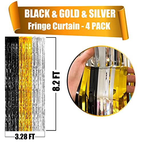 4 Pack Black Gold Silver Foil Fringe Curtain Backdrop, 3.28Ft x 8.2Ft Metallic Tinsel Foil Fringe Streamers for Photo Booth, Wedding, Notorious One Birthday Roaring 20s Graduation Party Decoration - color: Black,Gold,Silver