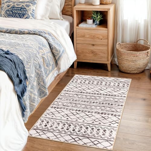 KUTA Moroccan Kitchen Rugs, 2x3 Brown Cream Entryway Rug Non-Slip Washable Small Indoor Door Mat, Ultra Soft Print Vintage Geometric Low-Pile Floor Carpet for Indoor, Entrance, Kitchen - color: Cream/Brown, size: 2' x 3' (Rectangular)