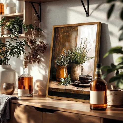 Framed Vintage Kitchen Wall Art, Rustic Herbs Pictures Wall Decor Paintings, Farmhouse Cottagecore Botanical Canvas Prints Moody Home Decor Aesthetic for Dining Room Living Room 12x16 inch - color: Herbs, size: 16"L x 12"W