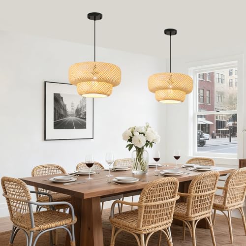 Farmhouse Bamboo Pendant Lights 13.8" Coastal Natural Rattan Wicker Chandelier Light Hand-Woven Dining Room Lighting Fixture for Kitchen Island Living Room Bedroom Restaurant Foryer - color: Beige-13.8IN