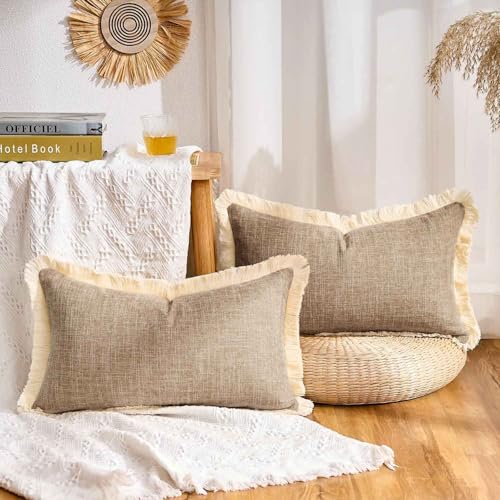 Boho Lumbar Throw Pillow Covers 12x20 Pillow Cover with Tassels Faux Linen Farmhouse Decorative Cushion Covers Khaki for Sofa Bed Living Room Home Decor Set of 2 - color: Khaki, size: 20" x 12" (Pack of 2)