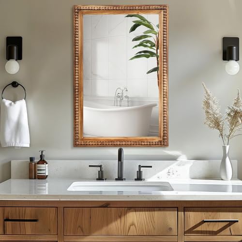 ULIKE Rectangular Wood Mirror with Natural Wooden Bead Frame, 24x36 Inch Rustic Farmhouse Wall Mirror for Bathroom Nursery Bedroom Living Room Brown - color: A Bead Rustic Brown
