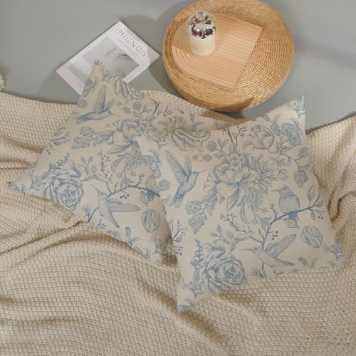 Chinoiserie Blue Throw Pillow Covers 16x16 Inch 2 Pcs Vintage Light Blue Floral Bird Outdoor Decor Pillow Covers Flower Spring Seasonal Decorative Pillowcase Linen Cushion Cover for Couch Sofa - color: Light Blue Floral Bird, size: 16" x 16" (Pack of 2)