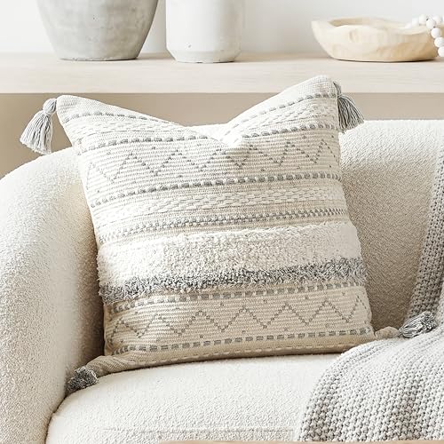 BlissBlush 20X20 Throw Pillow Cover, Cream Neutral Square Decorative Cushion Cover with Gray Pattern, Boho Accent Pillowcase with Tufted Details and Tassels for Couch Sofa Living Room (Cover Only) - color: Gray, size: 20" x 20" (Pack of 1)