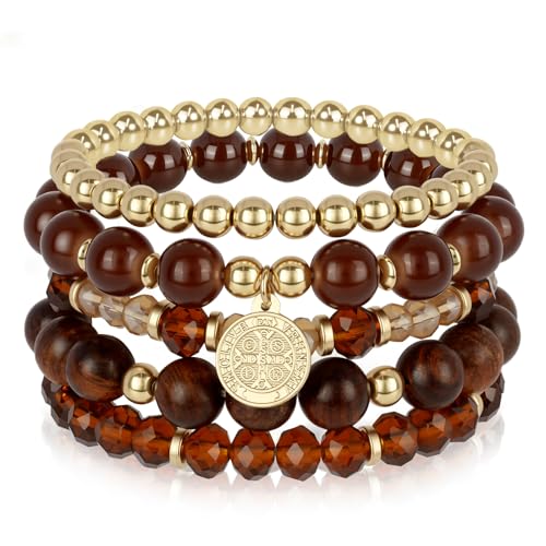 Bohemian Natural Stone Beaded Bracelets for Women Men Stackable Stretch Beads Bracelet Set with Charm and Tassel Multilayered Elastic Gemstone Bracelets Summer Beach Boho Jewelry Gift for Women - color: brown