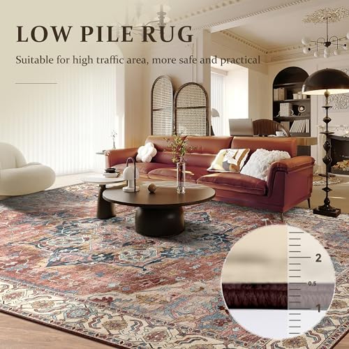 Deerly Large Washable Living Room Rugs 9x12 Boho Vintage Area Rug Indoor Bedroom Carpet with Non Slip Rubber Backing for Under Dining Table Office Farmhouse, Brickred/Multi - color: Brickred & Multi, size: 9' x 12' (Rectangular)