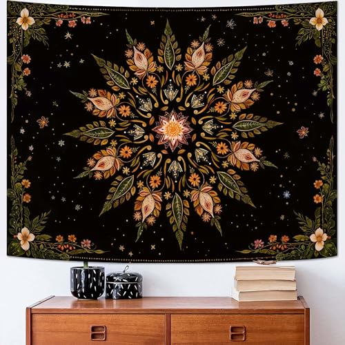 Fowocu Boho Floral Mandala Tapestry for Bedroom Aesthetic Vintage Bohemian Flower Wall Tapestry Black Green Hippie Indian Small Tapestries Wall Hanging for Living Room Dorm Decor 48 x 36 Inch - color: Black Green, size: 48"L x 36"W