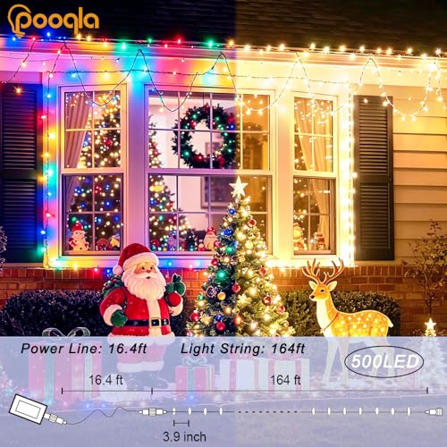 Pooqla 500 LED Color Changing String Lights, 164 ft Warm White to Multicolor Christmas Lights Plug in with Remote, Connectable 11 Modes Waterproof Clear Wire Twinkle Fairy Lights Indoor Outdoor Decor - color: Warm White and Colorful, size: 500LED