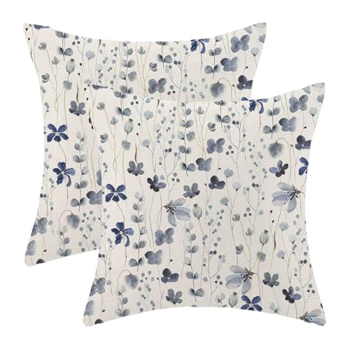 Spring Blue Floral Throw Pillow Covers 18x18 Set of 2, Flower Print Linen Decorative Pillow Covers Watercolor Branch Decoration Outdoor Cushion Cover Blue Floral Pillowcase for Sofa Couch Farmhouse - color: Spring Flower1, size: 18" x 18" (Pack of 2)