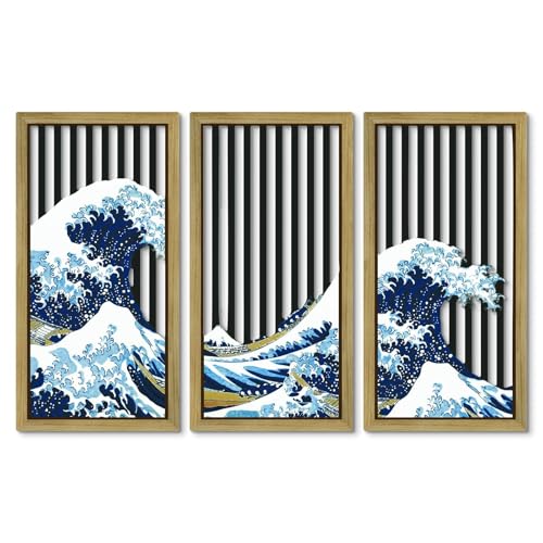 Putuo Decor Japanese Ocean Wave Wall Art, Vintage Framed Wall Decor- The Great Wave off Kanagawa by Hokusai, Nature-Inspired Wall Decorationfor Bathroom, Bedroom, and Living Room - color: Blue Ocean Wave
