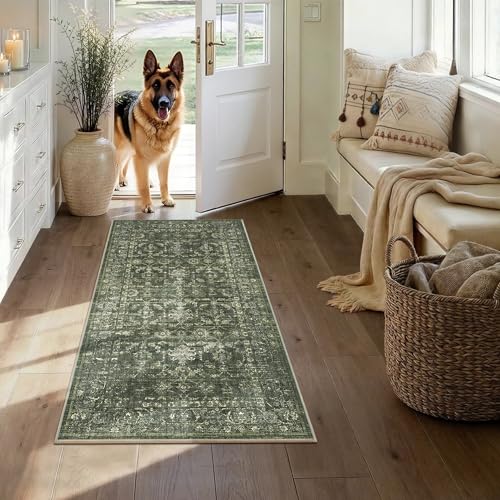 2x4 Green Runner Rug Hallway Washable Area Rugs Kitchen Vintage Boho Non Slip Long Rug Floral Carpet Indoor Retro Soft Low Pile Throw Rug for Bedroom Bathroom Laundry Dining Living Room Office - color: Dark Green, size: 2' x 4' (Runner)