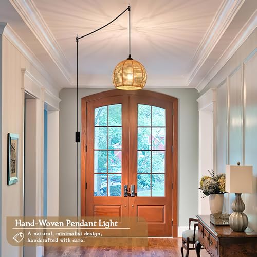 Plug in Mini Hemp Rope Woven Pendant Light Woven Light Fixture Boho Chandelier Wicker Pendant Lights Rattan Plug in Cord Hanging Lights Dome Wicker Chandelier for Bedroom (Bulb Incl.) - color: 8.7" Natural Plug In
