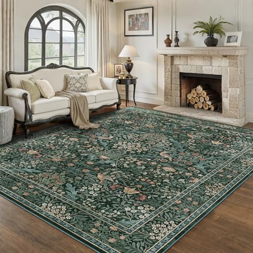 5x7 Floral Washable Area Rug for Living Room, Vintage Boho Rugs for Bedroom Dining Room, Botanical Birds Non Slip Low Pile Forest Throw Carpet for Farmhouse Office, Retro Green/Blue - color: Dark Green (Larger Pattern), size: 5' x 7' (Rectangular)