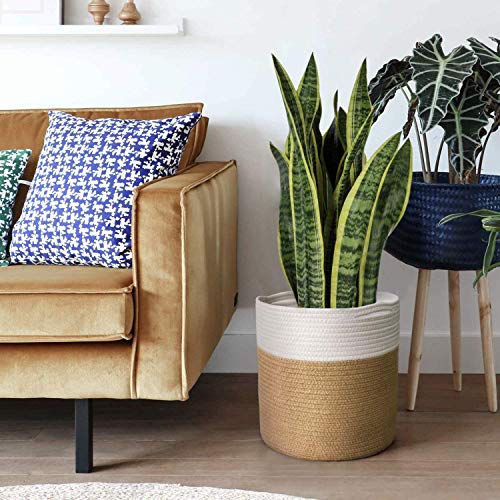 TIMEYARD Jute Rope Plant Basket Large Modern Woven Basket for 11'' Flower Pot Floor Indoor Planters, 12''x12'' Storage Baskets Rustic Home Decor White and Jute - color: Jute Mixed White, size: 12" x 12"