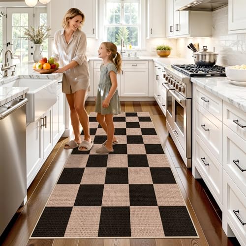 3x6 Kitchen Runner Rug Washable Non Slip: Diamond Pattern Faux Jute Rug - Thin Easy Clean Indoor Farmhouse - Boho Rugs for Entryway Kitchen Hallway Bedroom Modern Home Decor Mat (Black,3x6) - color: Black, size: 3' x 6' (Rectangular)
