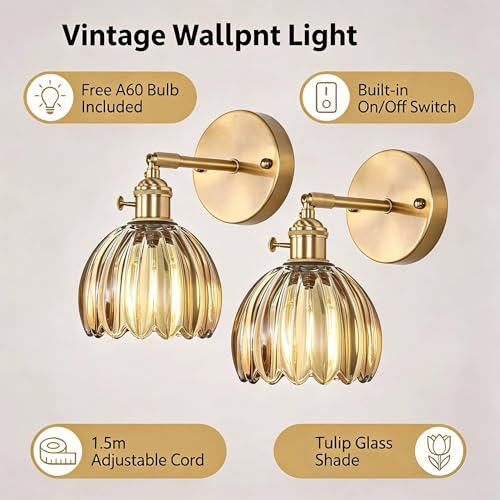 2 Pack Vintage Wall Sconces, Amber Tulip Glass Shade Wall Lamp with 2 Natural Light Bulbs, Hardwired Design with Rotary Switch, Decorative Light for Bedroom Hallway Living Room - color: Amber 2pcsTulip Wall Light