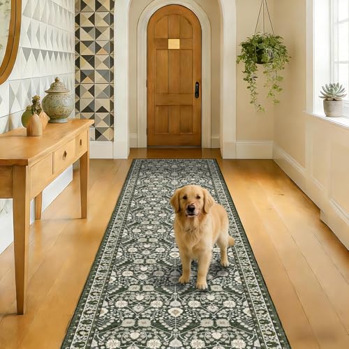 2x8 Washable Runner Rug for Hallways: Non-Slip Floral Runner Carpet Boho Soft Green Indoor Rugs for Floor Entryway Laundry Bedroom Laundry - Vintage Low Pile Kitchen Mats - color: Green, size: 2' x 8' (Rectangular)