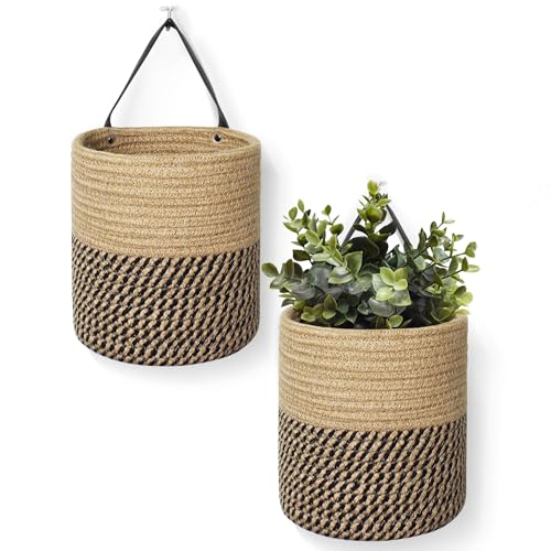 MEGASKET 2 Pack Wall Basket, Small Hanging Baskets for Organizing, Wicker Boho Wall Decor Set, Indoor Hanging Plant Holder Jute Rope Storage Basket, Rattan Woven Organizer for Decor, Black and Jute - color: Black and Jute
