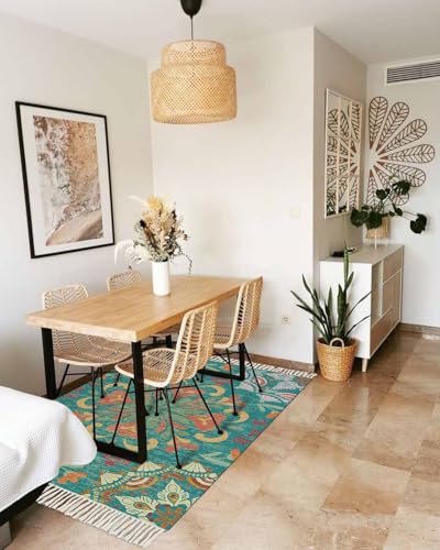 Green Boho Bathroom Rug 2' x 3', Shabby Vintage Ethnic Abstract Floral Art Low Profile Front Entryway Rug with Tassels, Woven Cotton Washable Kitchen Mat Carpet for Foyer Bedroom Back Door Decor - color: Teal, size: 2' x 3' (Rectangular)