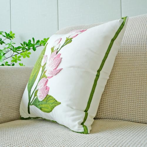 vctops Farmhouse Hibiscus Flowers Cotton Tufted Throw Pillow Cover Spring Floral Embroidery Pillowcase Soft Square Cushion Case for Sofa Couch Bed Chair (Pink F,18"x18") - color: Pink F