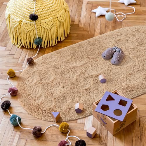 Goideal Fluffy Bedroom Rug, Small Oval Area Rugs, Beige Shag Bedside Carpet for Kids Room Nursery Dorm Cute Fuzzy Indoor Decor for Boy and Girl, 2.6 x 5.3 Feet - color: Light Tan