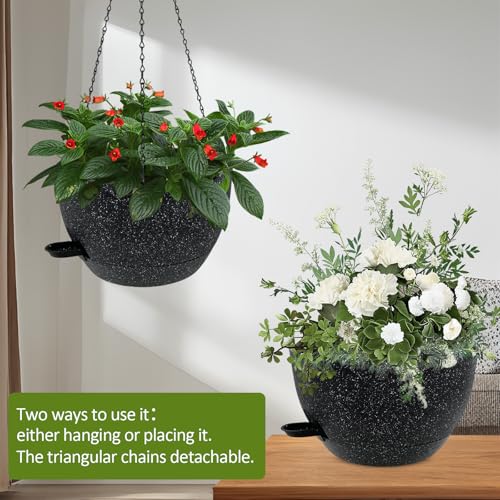WOUSIWER Self Watering Hanging Planters, 2 Pack 12'' Plastic Pots with Drainage Holes & Reservoir Tray (Speckled Black) | Indoor & Outdoor Use for Ferns, Ivy, Herbs, Succulents - color: Black Speckled, size: 2 Pack 12 inches
