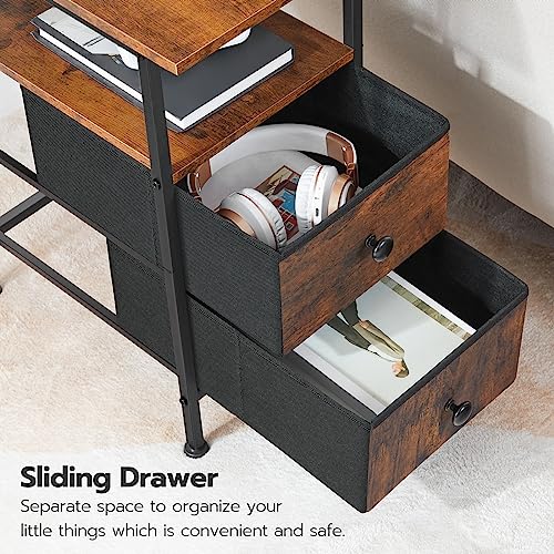 HOOBRO End Table with Charging Station, Narrow Side Table, Nightstand with 2 Non-Woven Drawers, Slim Sofa Side Table, for Small Spaces, Living Room, Bedroom, Rustic Brown and Black BF486UBZ01 - color: Rustic Brown + Black, size: 11.8"L x 18.9"W x 23.6"H