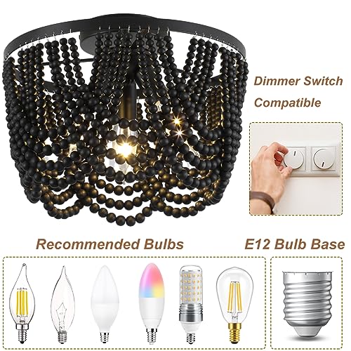 Black Boho Chandelier,Wood Beaded Chandelier Light Fixture, 12.6 inch Bohemia Draped Bead Flush Mount/Semi Flush Mount Ceiling Light Fixture for Dinning Room Bedroom Hallway - color: Black 12.6"
