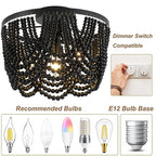 Black Boho Chandelier,Wood Beaded Chandelier Light Fixture, 12.6 inch Bohemia Draped Bead Flush Mount/Semi Flush Mount Ceiling Light Fixture for Dinning Room Bedroom Hallway - color: Black 12.6"