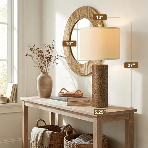 BOBOMOMO 27" Tall Table Lamps Set of 2, Modern Farmhouse Geometric Bedside Lamps, Rustic Wood Grain Resin Nightstand Lamps for Living Room, Bedroom, Entryway, Linen Shade, Cottage Home Decor - size: 27"