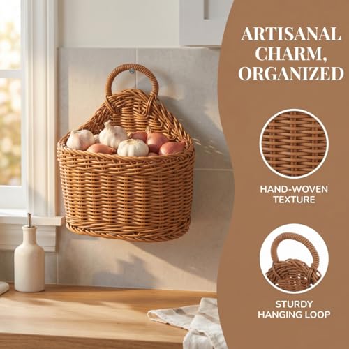 Cabilock Small Wall Hanging Basket, Boho Plastic Hand Woven Wall-Mounted Kitchen Storage Organizer for Fruit Vegetable, Wall Flower Hanging Baskets with Flat Back for Rustic Home Front Door Decor