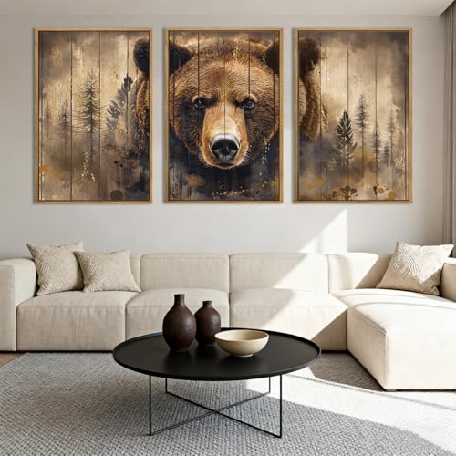 ANHUIB Brown Bear Wall Art 16x24 Inch Forest Paintings Rustic Wildlife Wall Decor Set of 3 for Living Room Bedroom Dining Room - color: Brown Bear, size: 24"L x 16"W