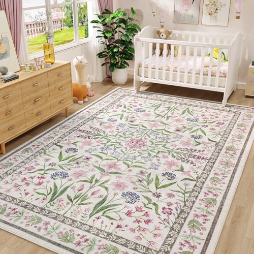 Amearea Floral Area Rugs for Living Room, 5x7 Feet Boho Pink Rugs for Bedroom Girls, Cute Kids Room Print Carpet Vintage Low Pile Machine Washable Area Rug, Office Nursery Dining Room Farmhouse Decor - color: Pink, size: 5x7 Feet
