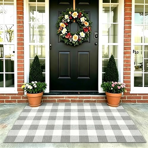 MUBIN Cotton Buffalo Plaid Rug, 3' x 5' Gray White Outdoor Rug Front Door Decorative Mat, Washable Doormat Hand-Woven Foldable Area Rug Layered Door Mats Rug for Front Porch, Entryway, Patio - color: Gray White Plaid, size: 3' x 5' (Rectangular)