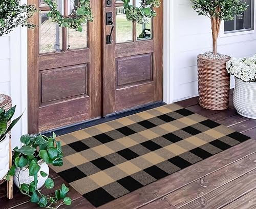 Front Porch Rug 24''x51'' Black and Tan Checkered Outdoor Rug Cotton Washable Front Door Mat Outdoor for Layered Doormat,Bedroom,Farmhouse,Entryway,Patio - color: Khaki Black, size: 24''x 51''