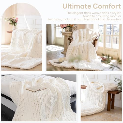 Chunky Knit Blanket - Luxury Soft Cozy 80 * 90 Throw Blanket,100% Woven Blanket Rope Knot Throw Blanket for Couch, Sofa, Home Decor, Gift - Machine Washable (Ivory White, 80 * 90) - color: Ivory White, size: 80*90